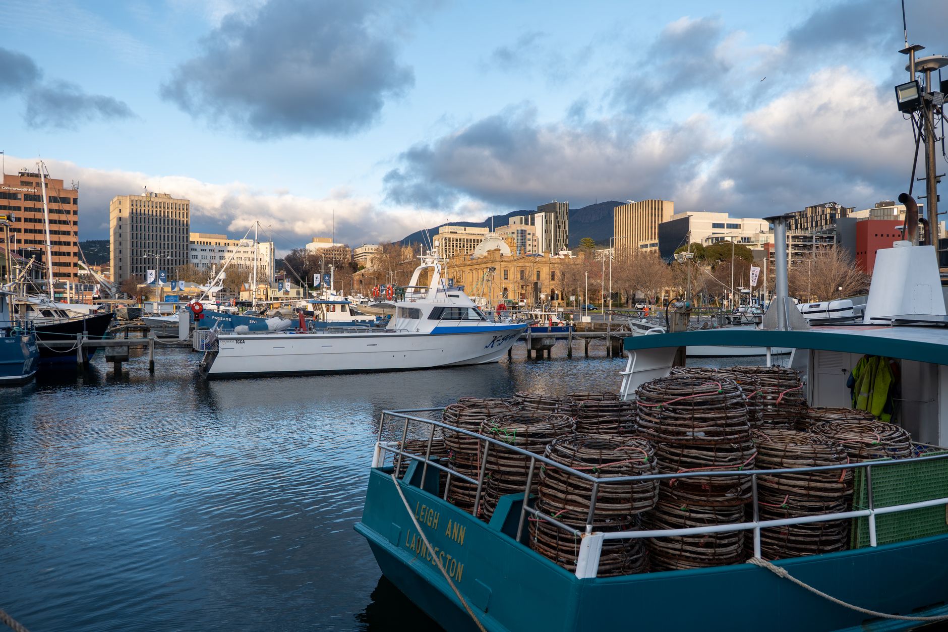 Kasser med fisk på en havn